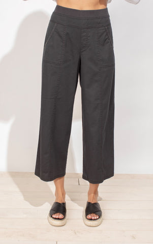 Escape by Habitat Beach Flood Pant in black woven cotton poplin, wide leg, cropped length, elastic waist with pockets.