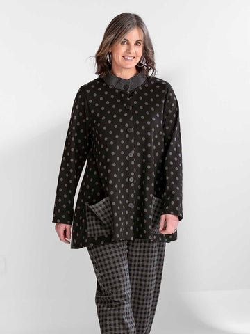 F H Clothing Fabulous Frock Little Dot. Button up, swing silhouette, front patch pockets in contrasting pattern.  Tunic length.