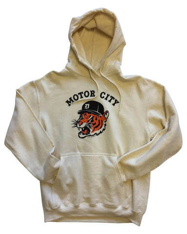 Ink Detroit Motor City Kitty Hooded Sweatshirt. Ivory colored, drawstring hoodie with stylized Detroit Tiger and "Motor City" printed on chest. Kangaroo pocket.