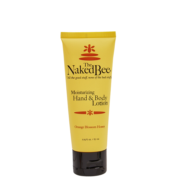 The Naked Bee yellow squeeze bottle with moisturizing hand and body lotion in the scent Orange Blossom Honey.