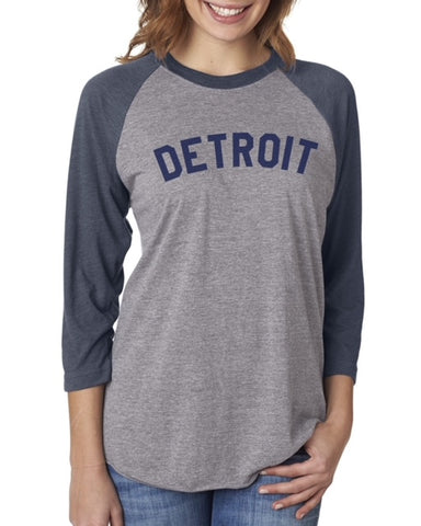 Ink Detroit Grey and Navy Baseball Tee with "Detroit" printed on chest in navy blue