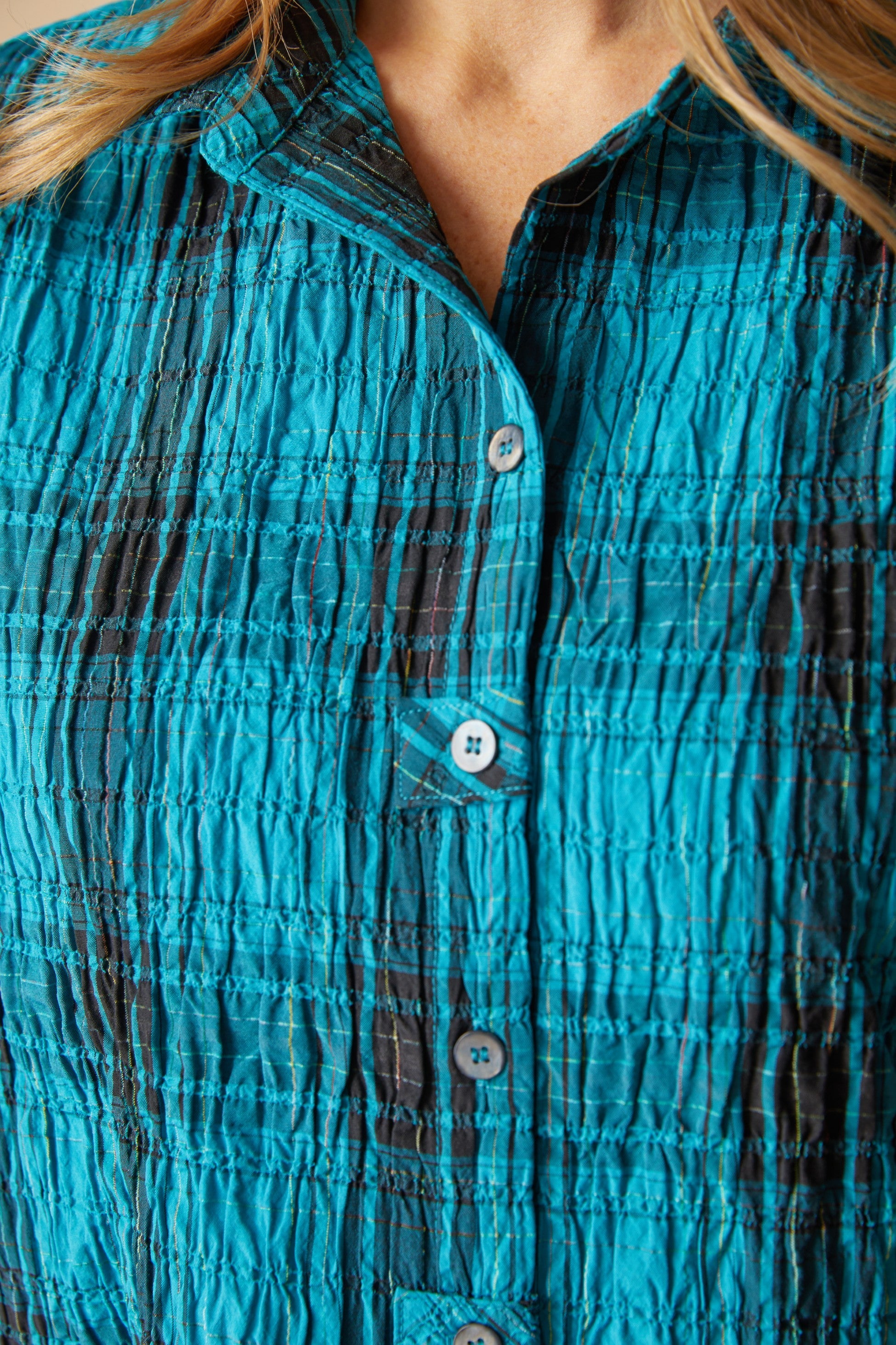Habitat's Crinkle Windowpane Tab Swing Top in Pacific