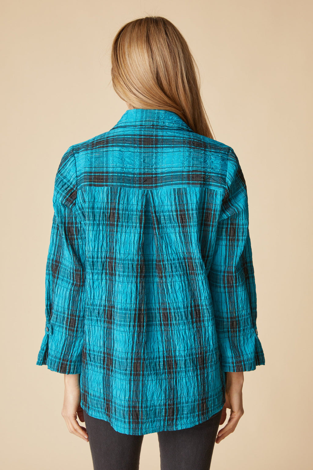 Habitat's Crinkle Windowpane Tab Swing Top in Pacific