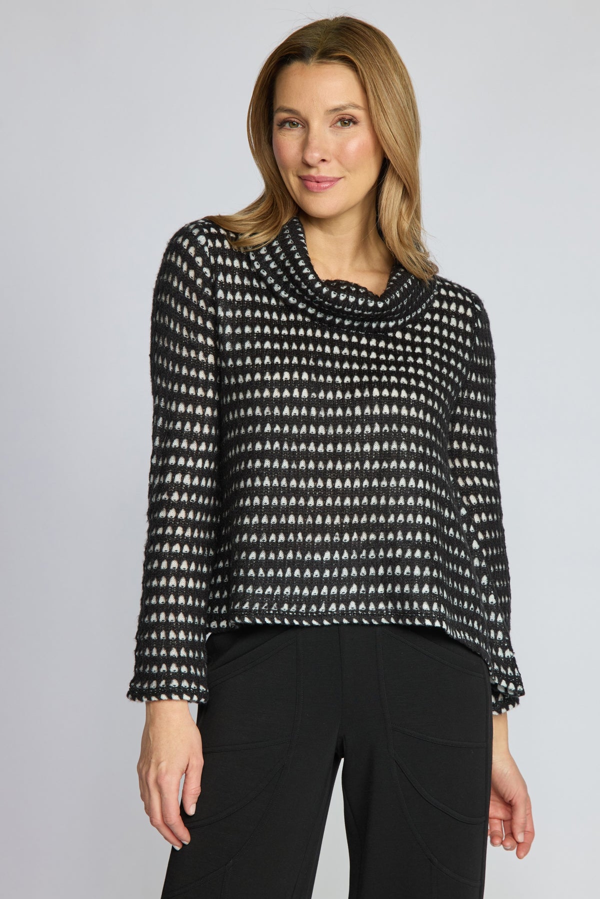  Olivia's Textured Dot Cowl Neck Knit Sweater in Black