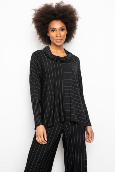 Liv by Habitat Gramercy Tunic Top. Black with fine white stripes in contrasting directions. Dropped shoulders, cowl neck, long sleeves