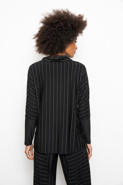 Liv by Habitat Gramercy Tunic Top. Black with fine white stripes in contrasting directions. Dropped shoulders, cowl neck, long sleeves