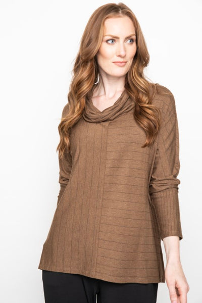 Liv by Habitat Gramercy Tunic Top. Cinnamon brown with fine black stripes in contrasting directions. Dropped shoulders, cowl neck, long sleeves