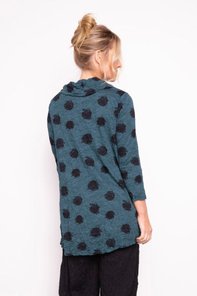 Liv by Habitat Jetset Crinkle Tunic. Spruce green with black dot pattern. Cowl neck, bracelet length sleeves. Drawstring on front seam for adjustable ruched detail.