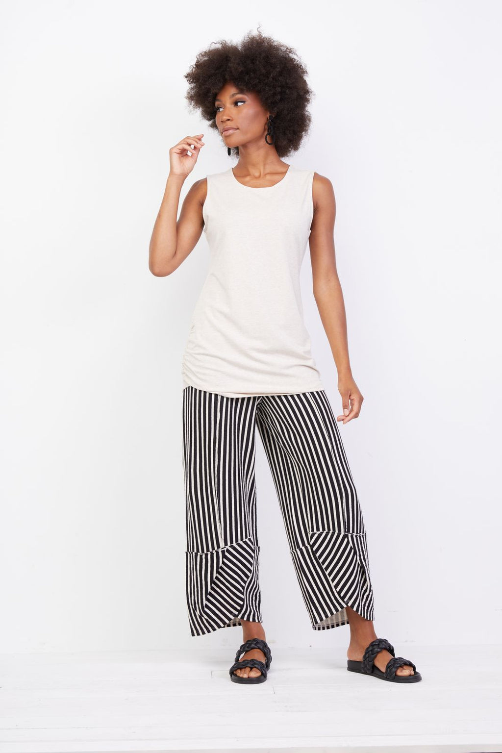 Liv Ruched Tank Top. Tunic length, slim fit, round neckline. White