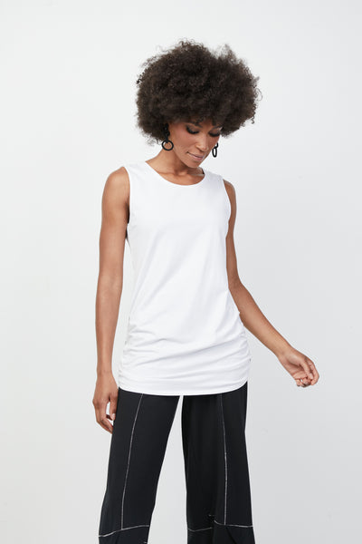 Liv Ruched Tank Top. Tunic length, slim fit, round neckline. White
