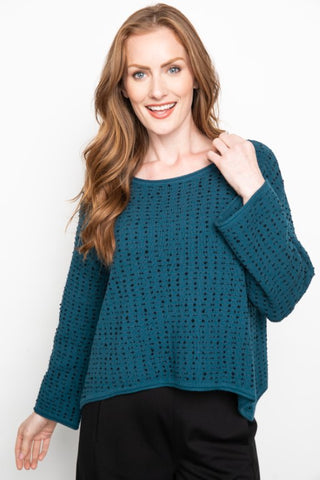 Habitat Dot Swing Pullover in Spruce. Blue green with textured black dot pattern. Cotton blend, swing silhouette, long sleeves.