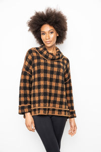 Liv by Habitat Chenille Check Sweater in Cinnamon. Oversized check pattern in cinnamon and black. Cowl neck, drop shoulder, wide sleeves and relaxed, boxy fit.  