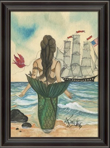 Mermaid with Tattoo Back View Framed Wall Art