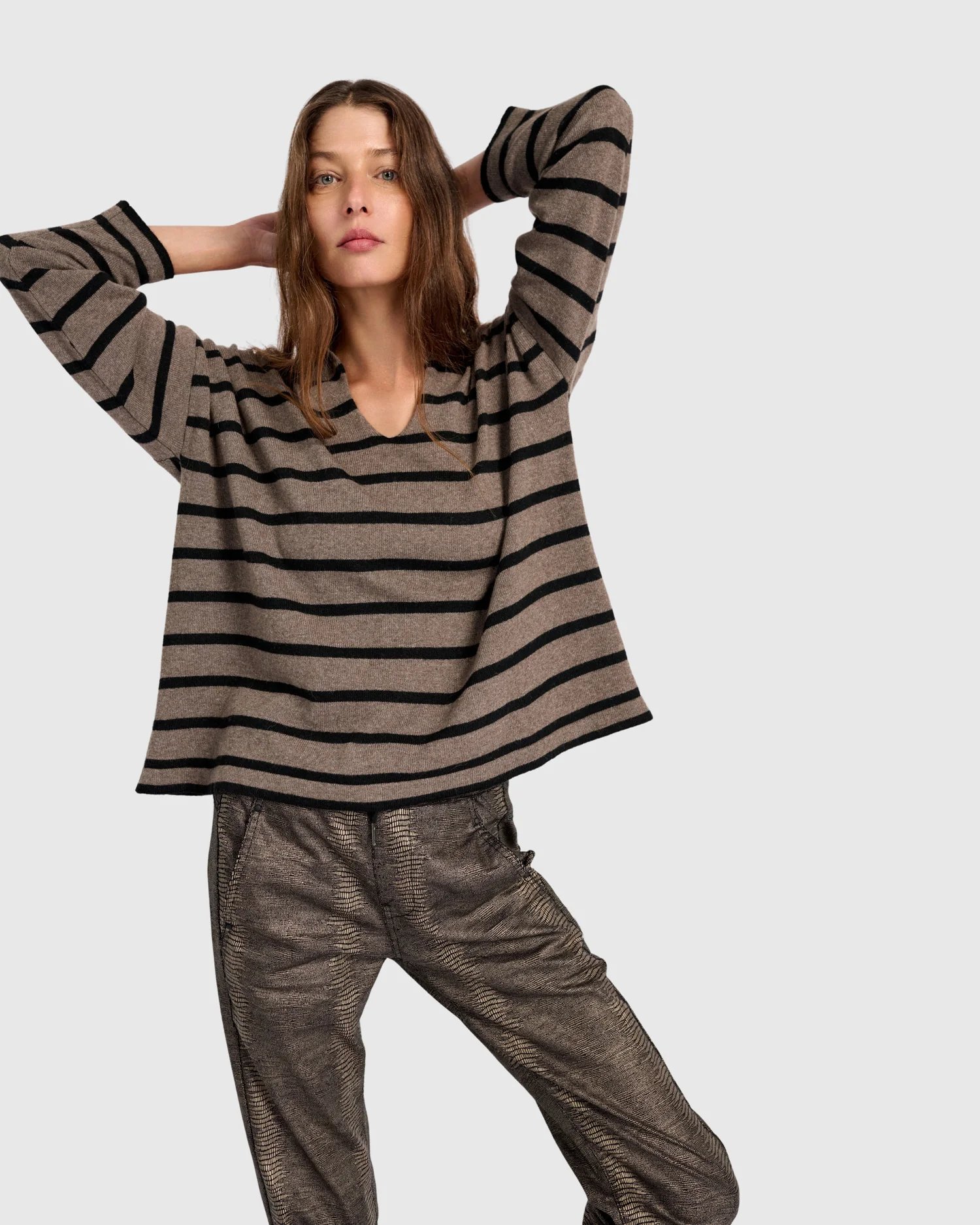 Alembika's Surfside Collared Sweater in Latte Stripes
