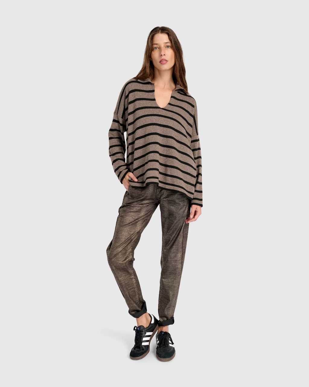 Alembika's Surfside Collared Sweater in Latte Stripes