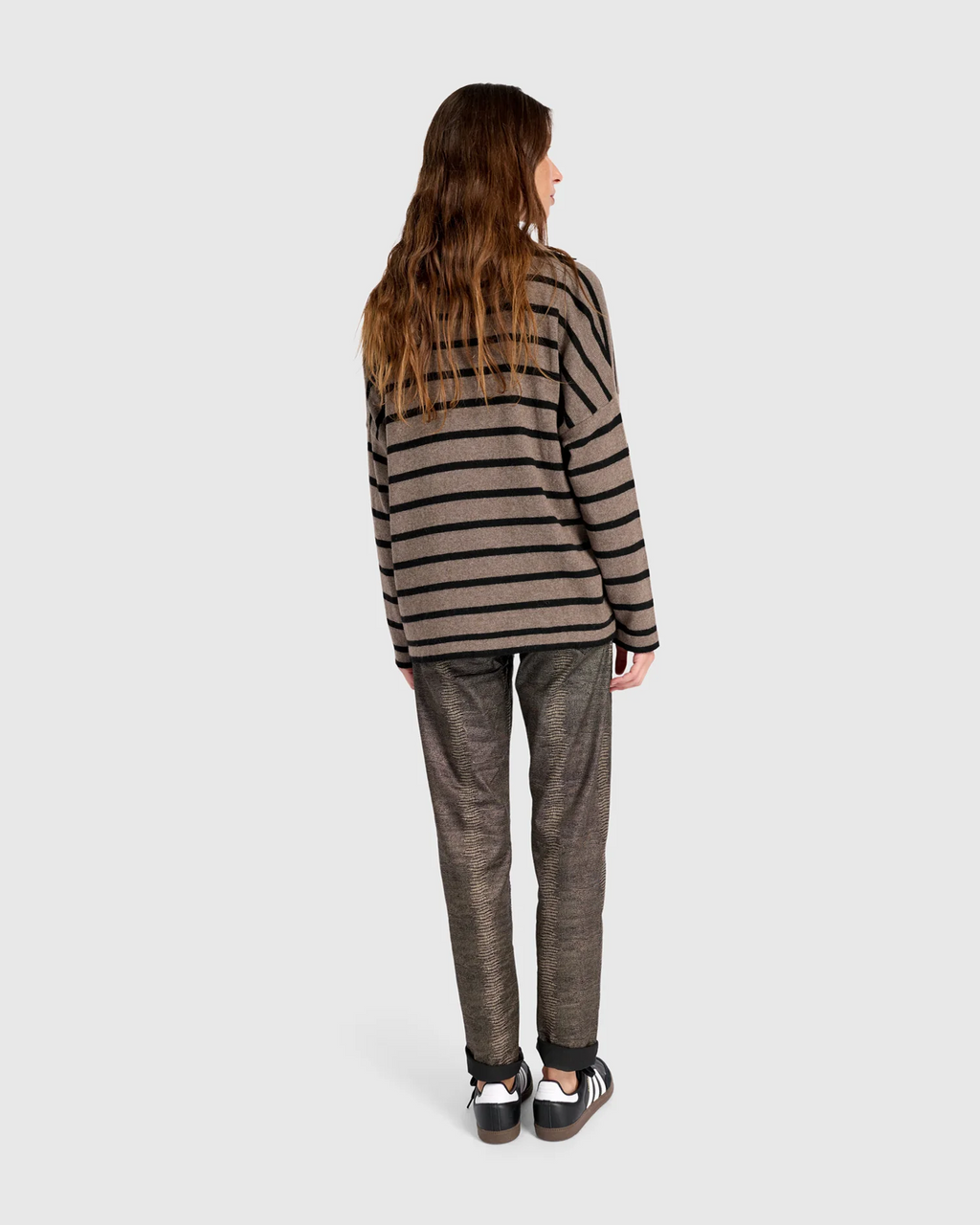 Alembika's Surfside Collared Sweater in Latte Stripes