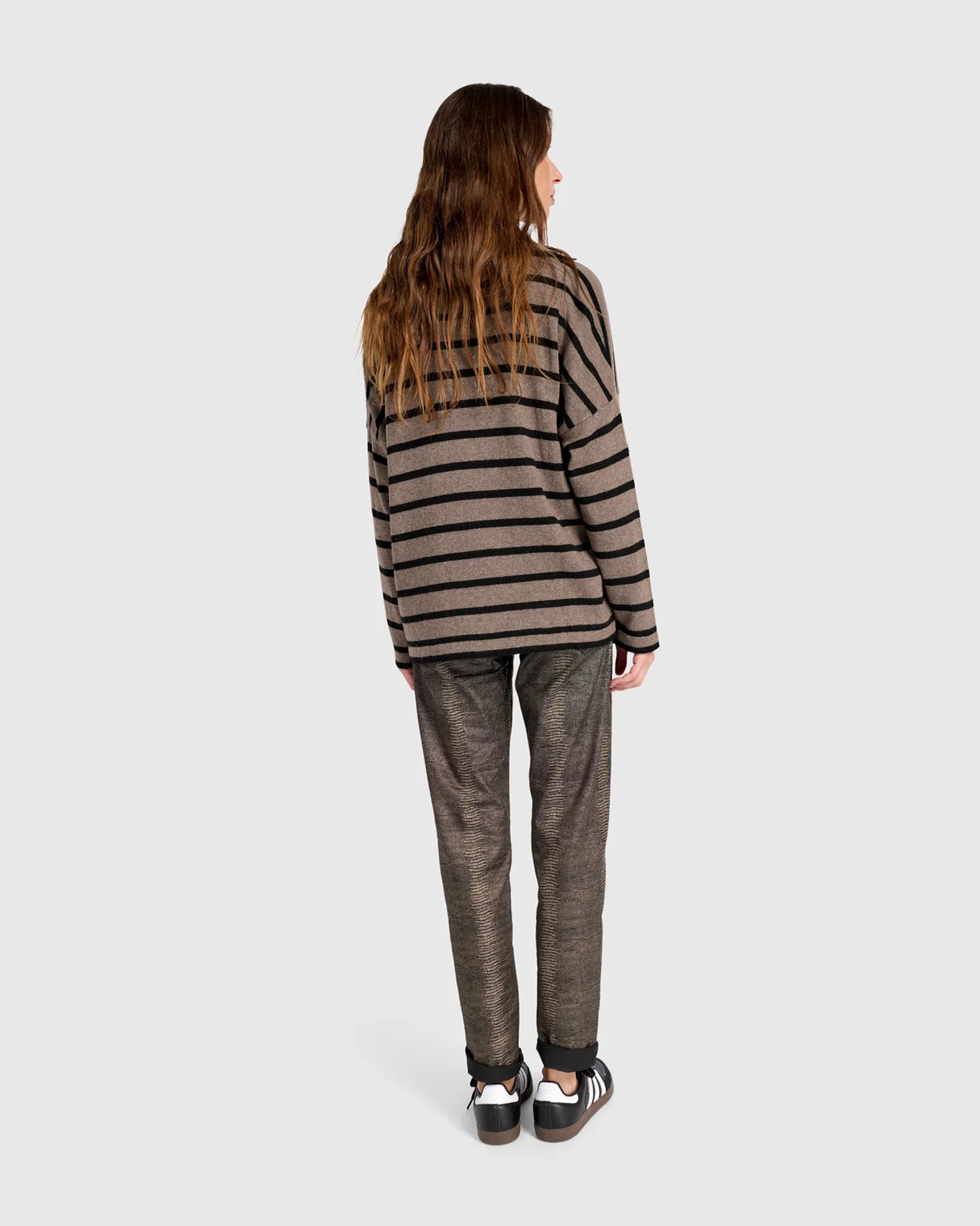 Alembika's Surfside Collared Sweater in Latte Stripes
