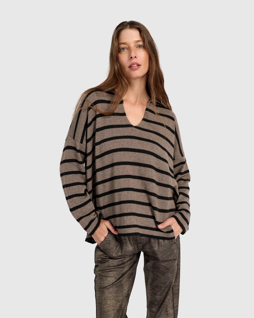 Alembika's Surfside Collared Sweater in Latte Stripes
