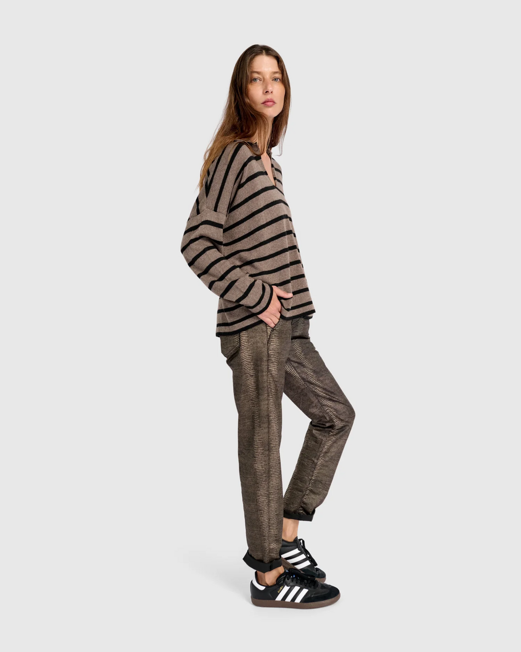 Alembika's Surfside Collared Sweater in Latte Stripes