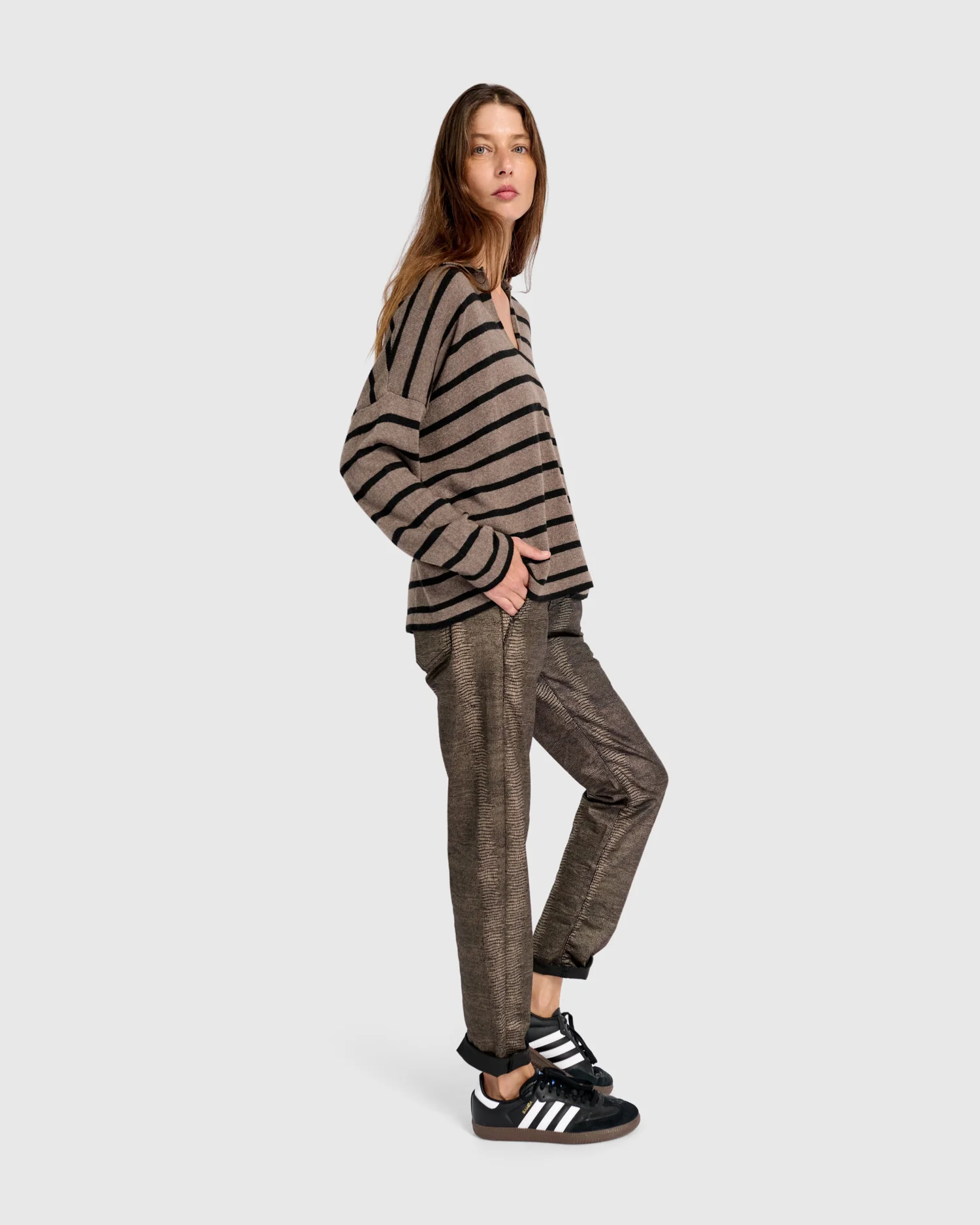 Alembika's Surfside Collared Sweater in Latte Stripes