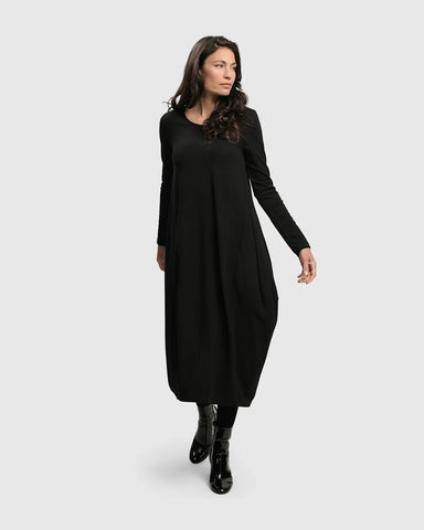 Alembika Black Midi Dress Mushroom Silhouette Pockets Long Sleeve