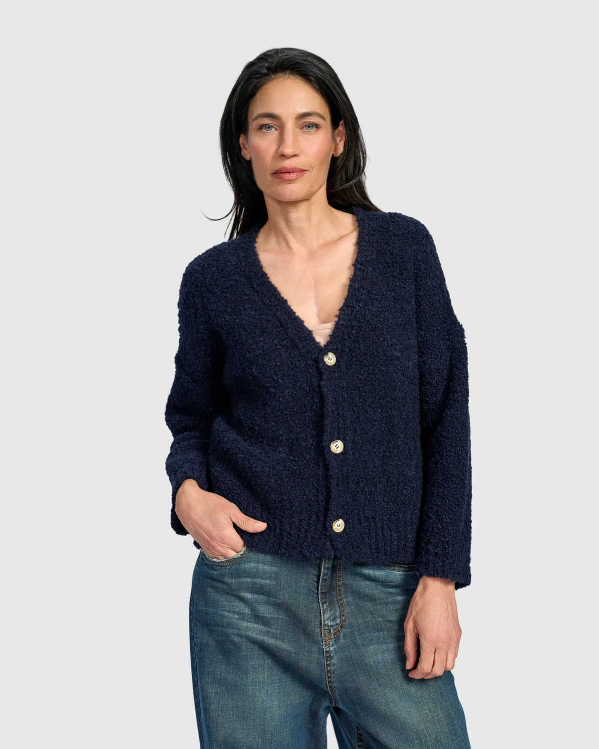 Alembika's relaxed Teddy Boucle Cardigan in Midnight