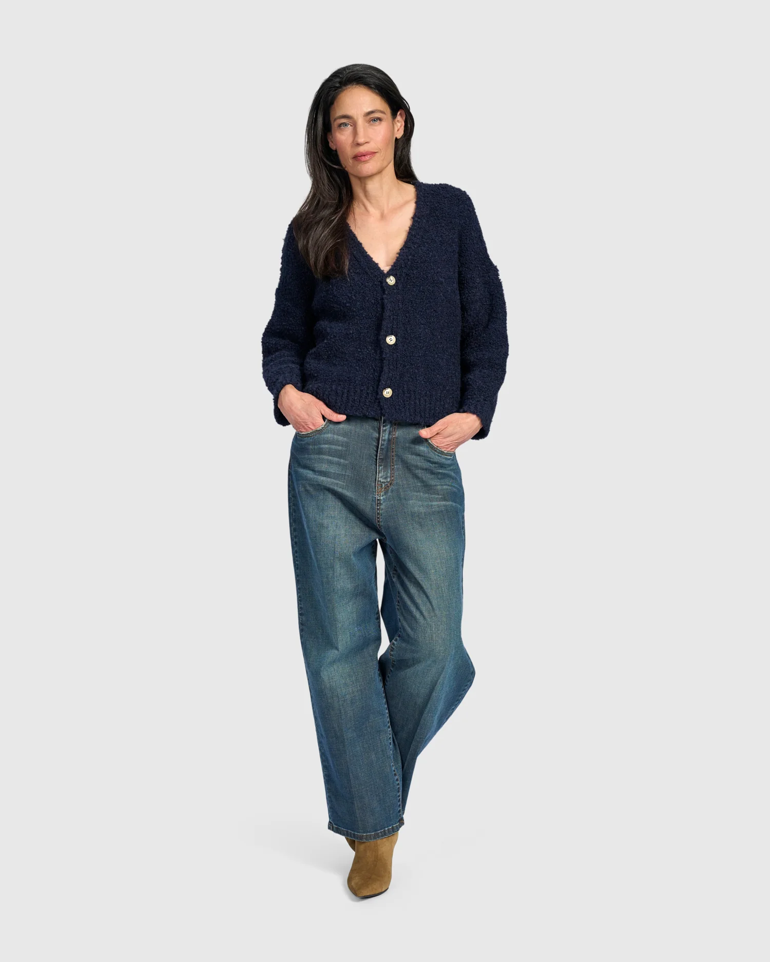 Alembika's relaxed Teddy Boucle Cardigan in Midnight