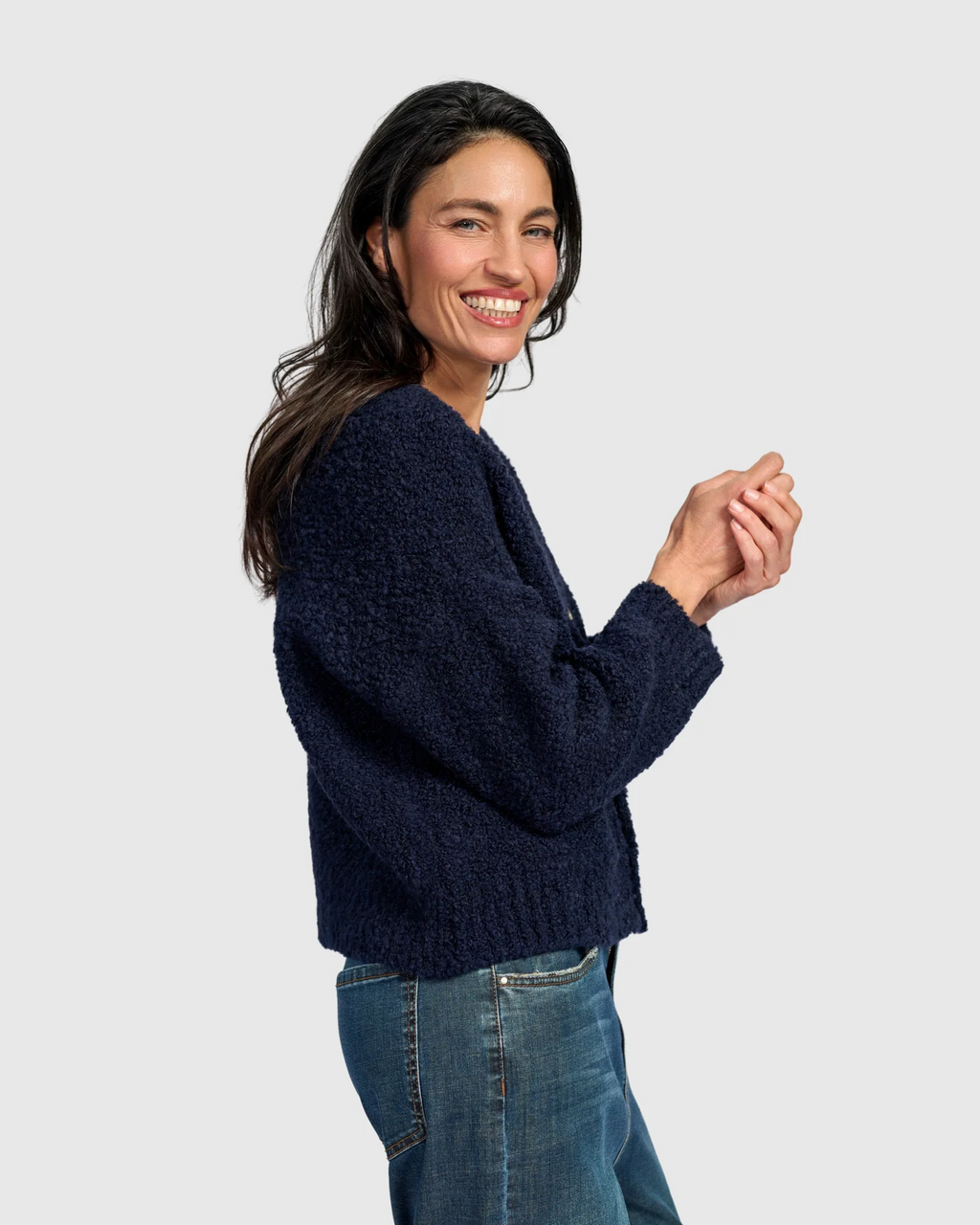 Alembika's relaxed Teddy Boucle Cardigan in Midnight