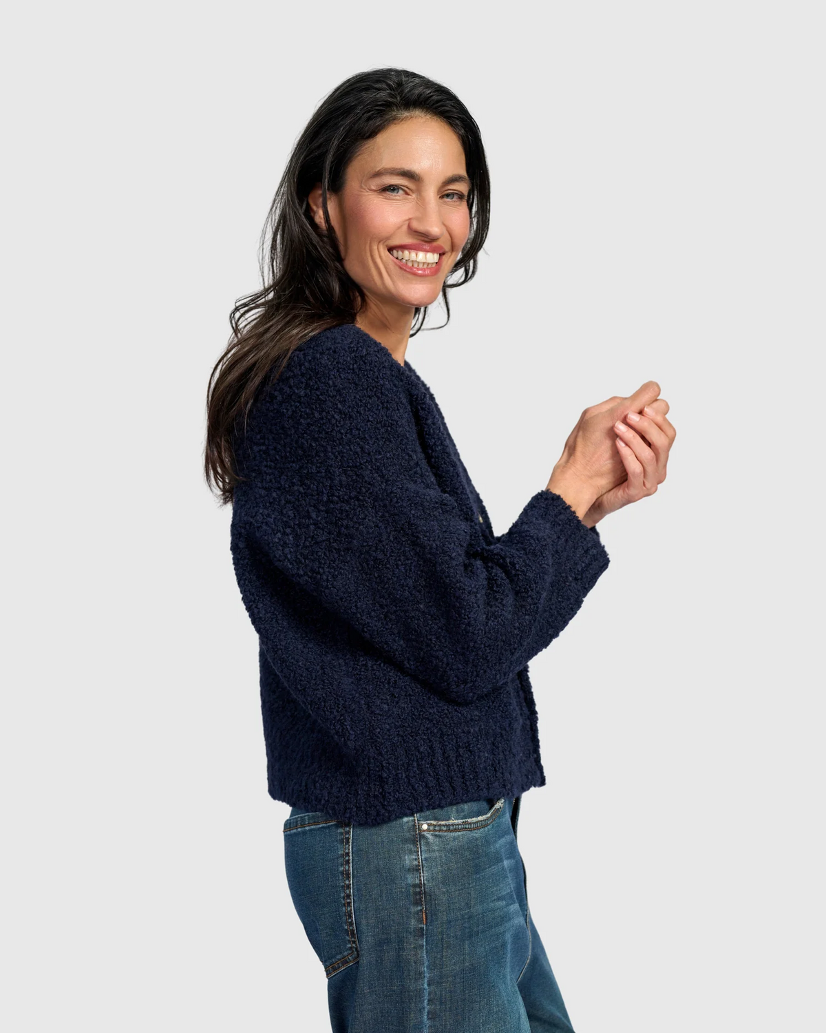 Alembika's relaxed Teddy Boucle Cardigan in Midnight