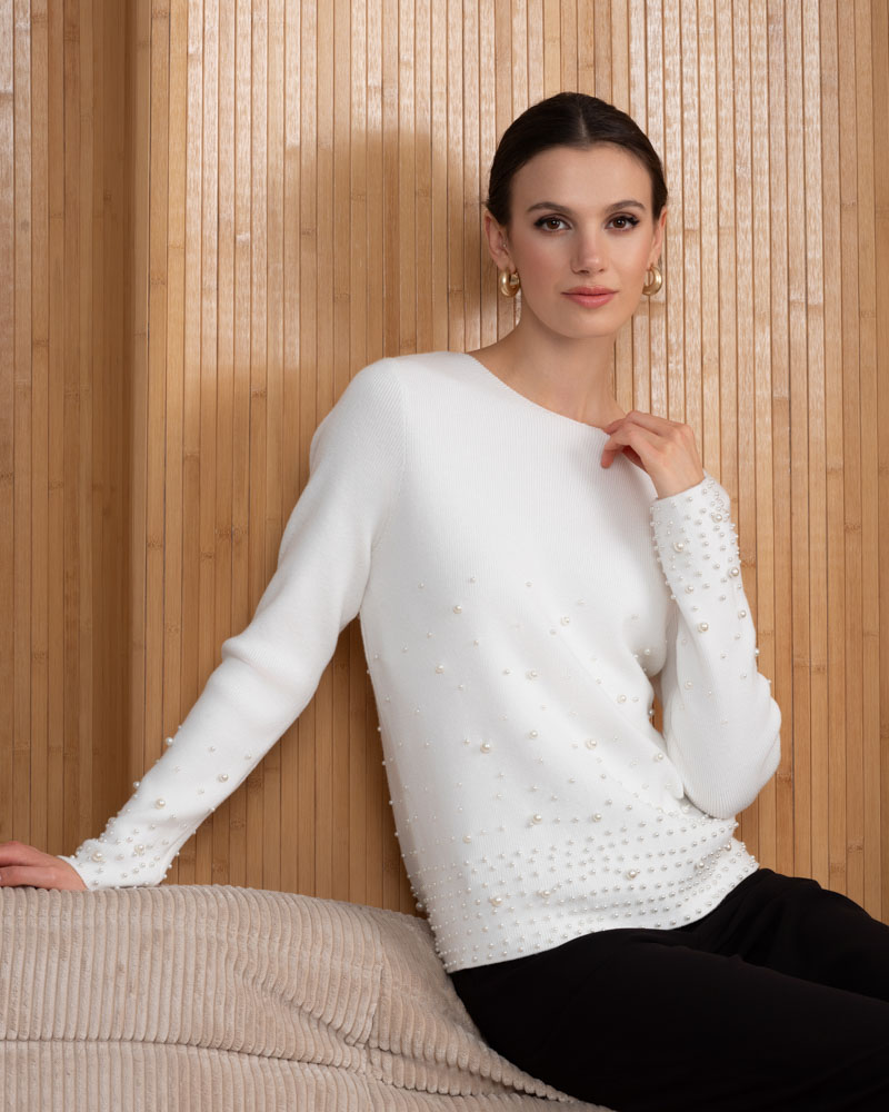 Alison Sheri's Beaded Sweater in Off White