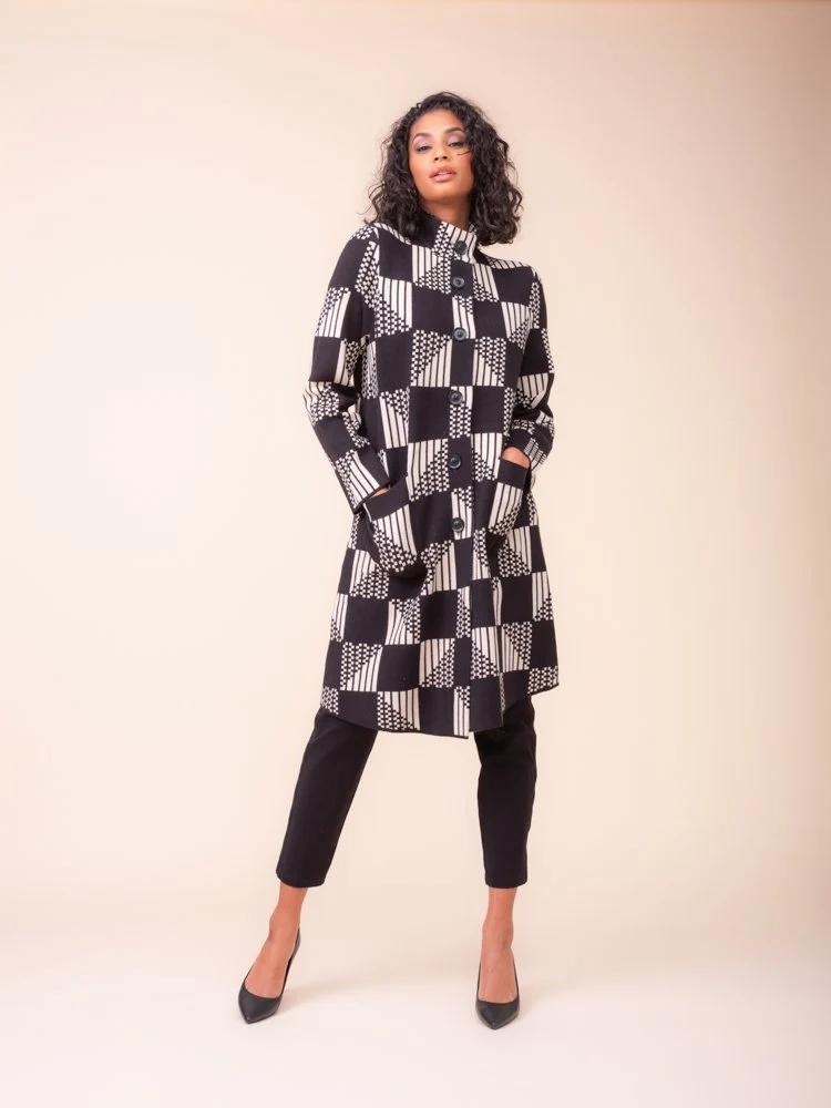 Alison Sheri's Geometric Longline Cardigan Jacket in Black/Sand