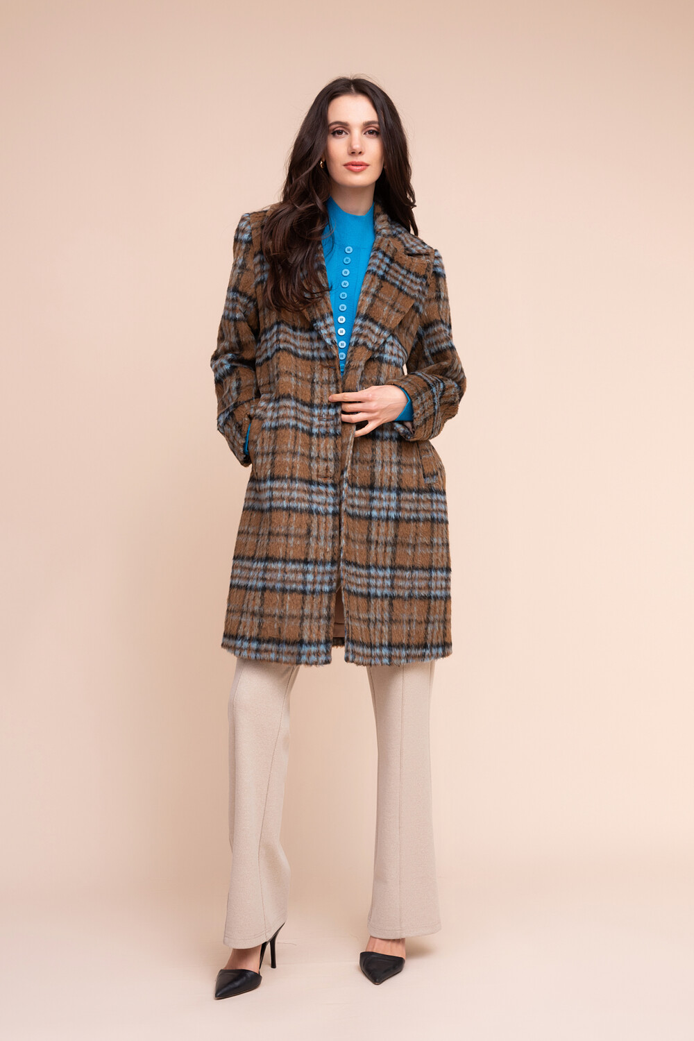 Alison Sheri's Plaid Blazer Coat in Blue Brown