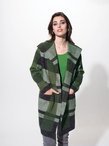 Alison Sheri Collared Green Cardigan in forest green plaid. Open front, wide collar, mid length, front pockets.