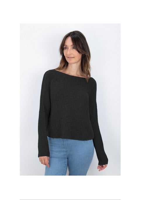 Amazing Woman's Jenna Fine Rib Boat Neck Sweater in Charcoal