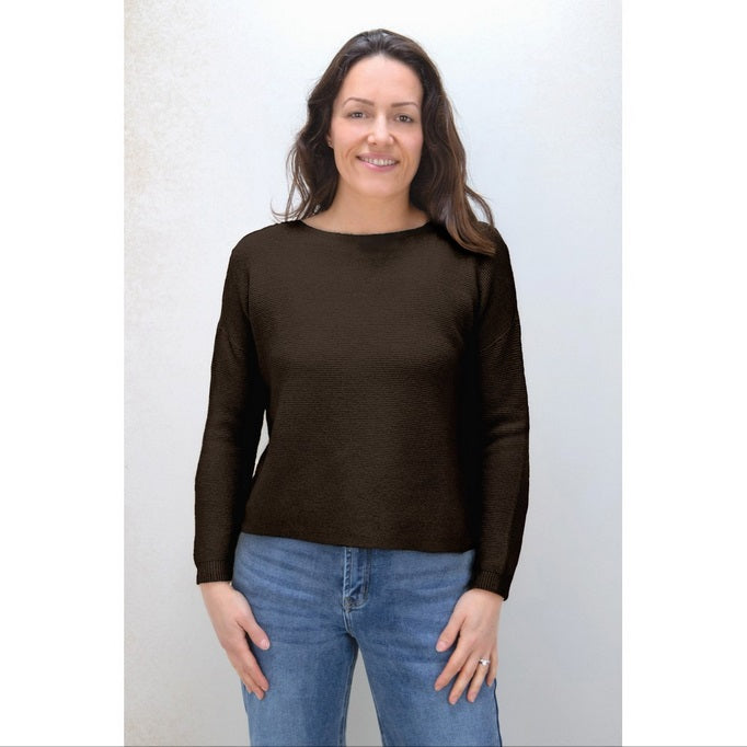 Amazing Woman's Jenna Fine Rib Boat Neck Sweater in Dark Chocolate