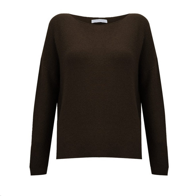 Amazing Woman's Jenna Fine Rib Boat Neck Sweater in Dark Chocolate