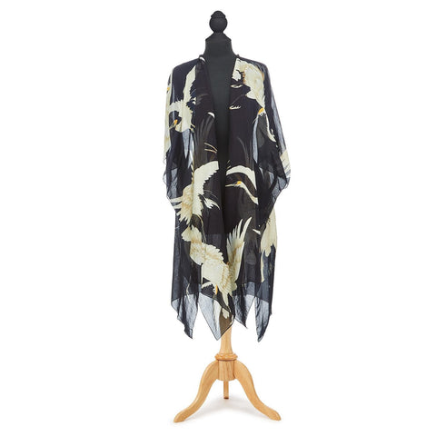 Black Long Kimono with white heron print throughout.  Sleeveless, knee length, open front, sheer fabric.