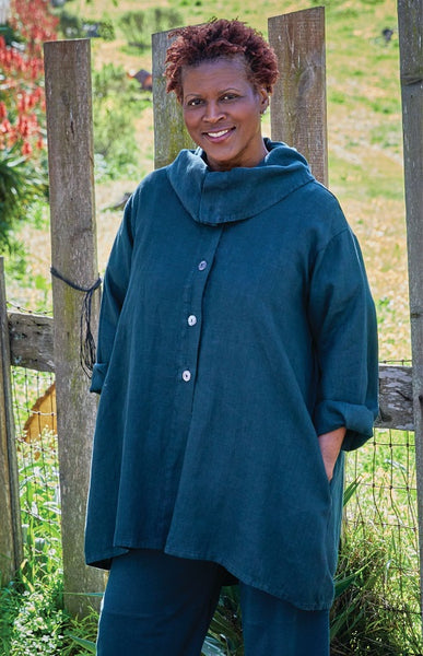 Brynn Walker Heavy Linen Anouk Jacket with button front, cowl neck, oversized fit.