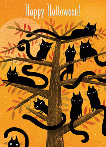 Black Cat Tree Halloween Greeting Card