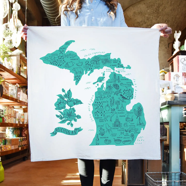 Illustrated Michigan Map Tea Towel