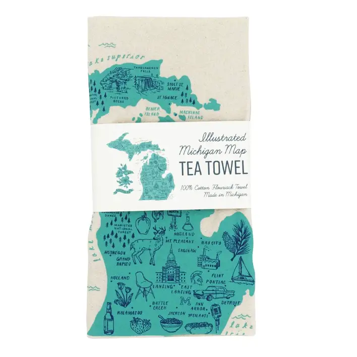 Illustrated Michigan Map Tea Towel