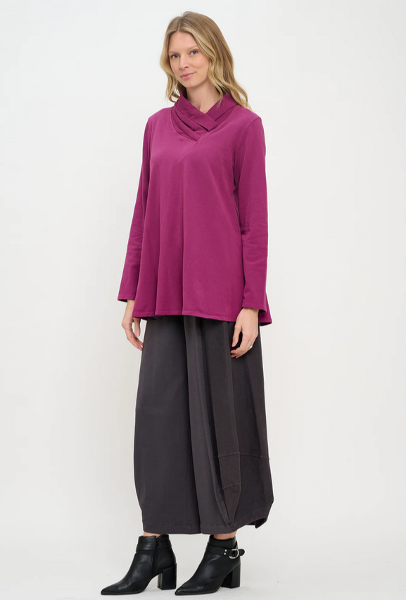 Cotton Lani's Pleat Neck Stretch Terry Tunic in Wine