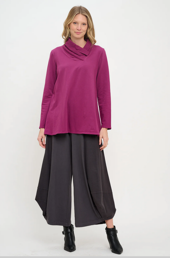 Cotton Lani's Pleat Neck Stretch Terry Tunic in Wine