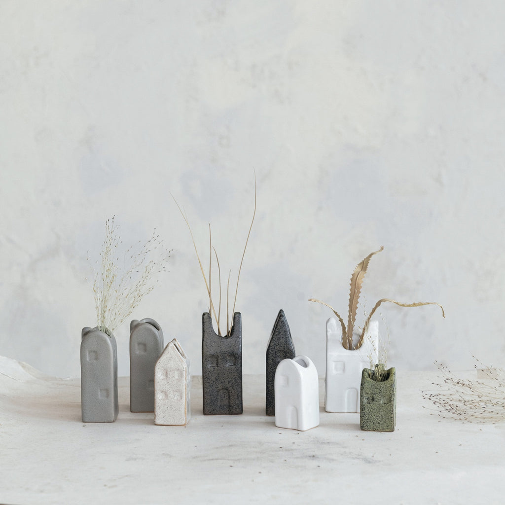 8 House Shaped Vases with Wooden Tray