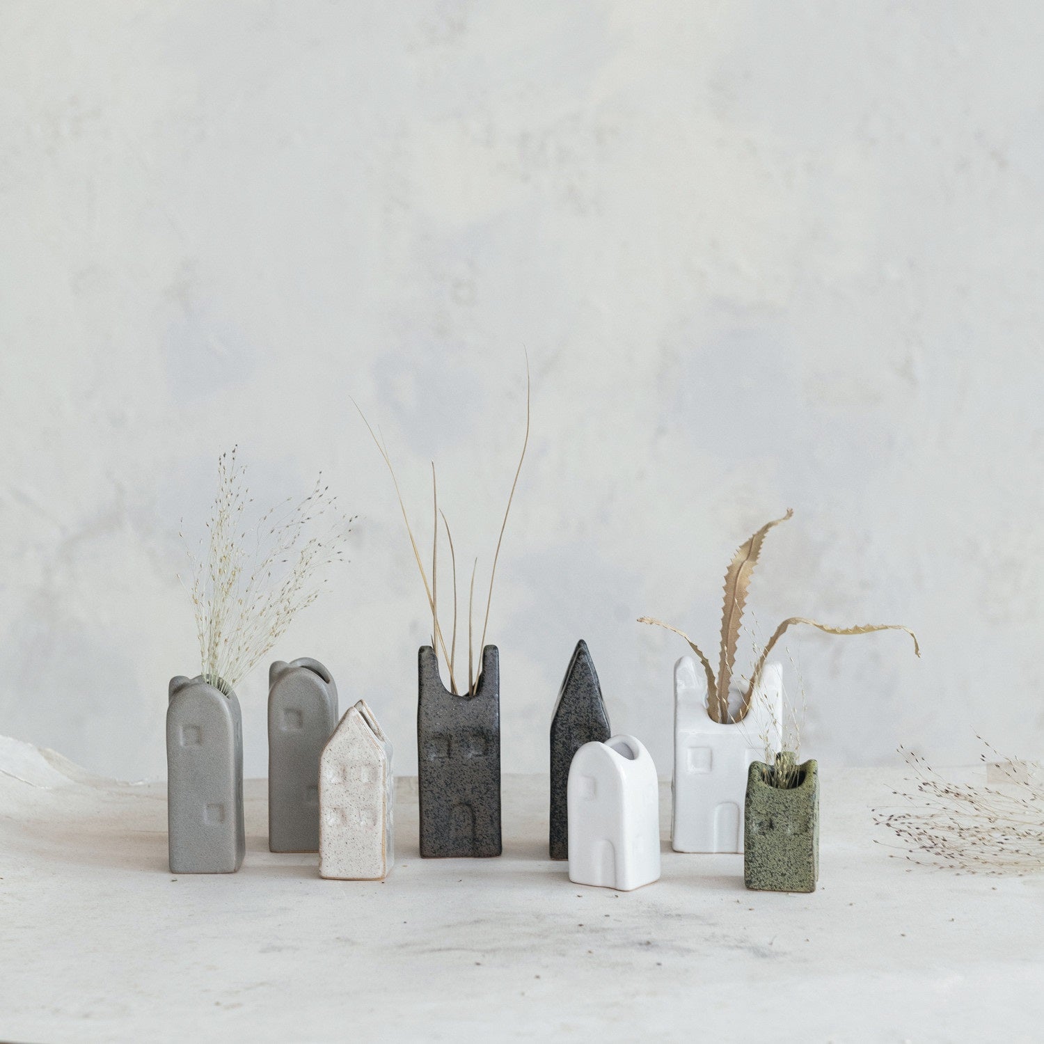 8 House Shaped Vases with Wooden Tray