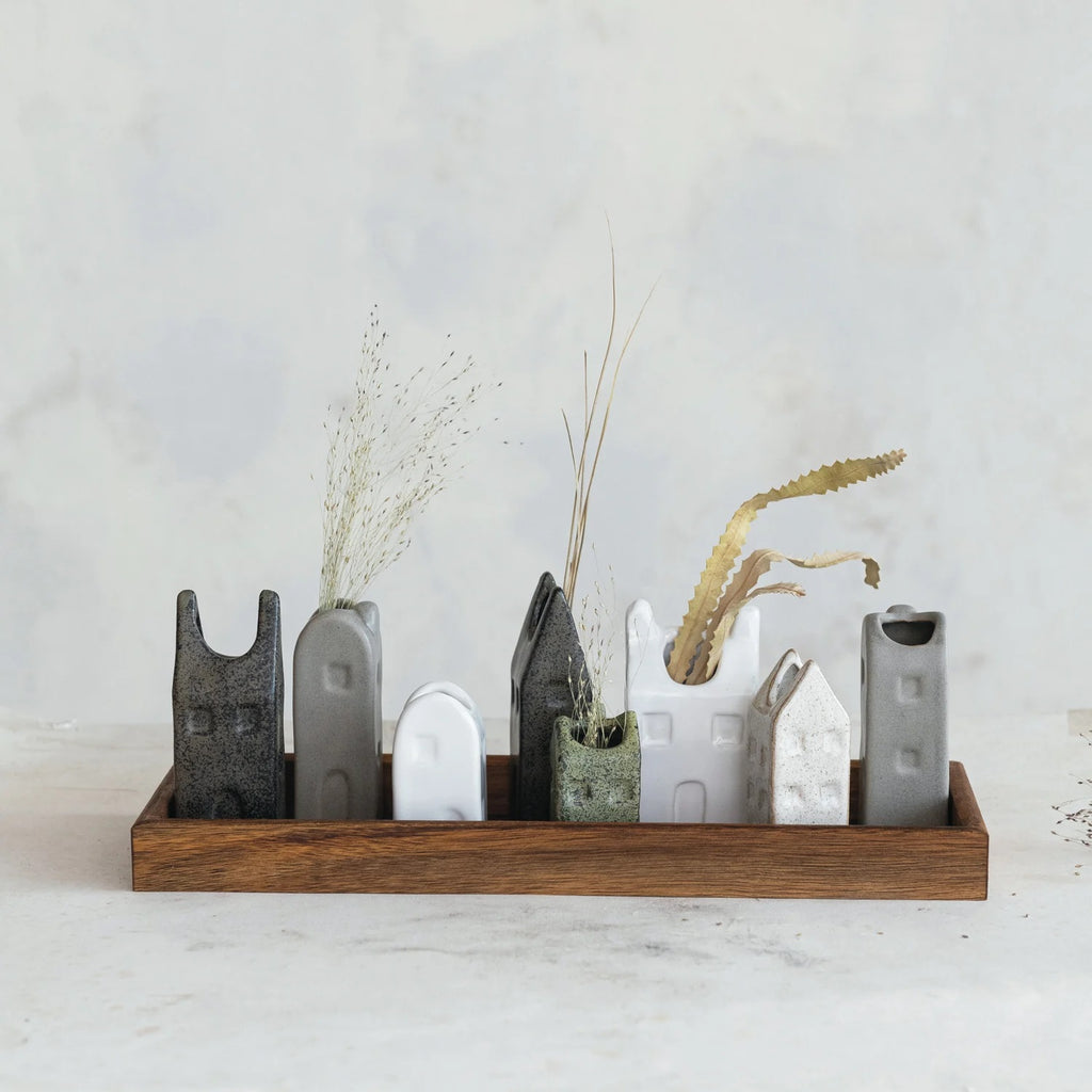 8 House Shaped Vases with Wooden Tray