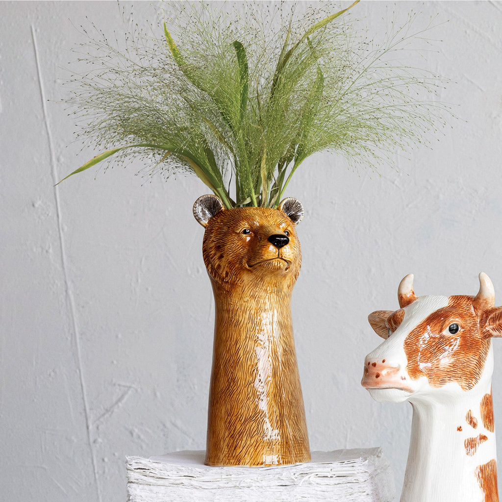 Hand-Painted Stoneware Bear Vase