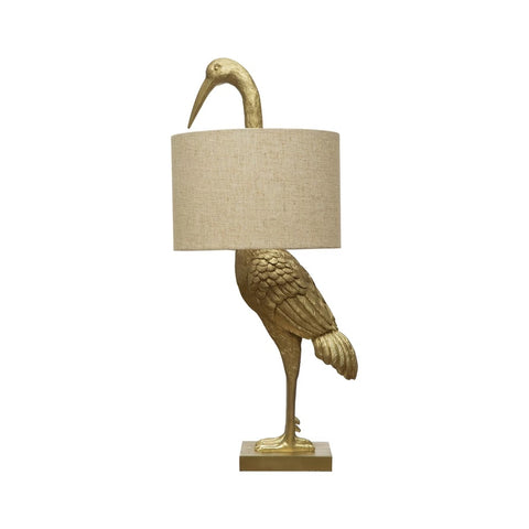 Gold Tone Resin Bird Lamp with White Linen Shade