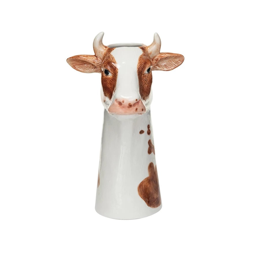 Hand Painted Stoneware Cow Vase