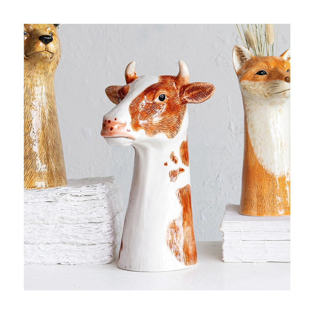 Hand Painted Stoneware Cow Vase